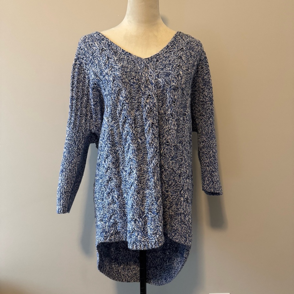 Express Marled Blue Cable Knit Tunic Sweater Medium Dolman Sleeves High Low